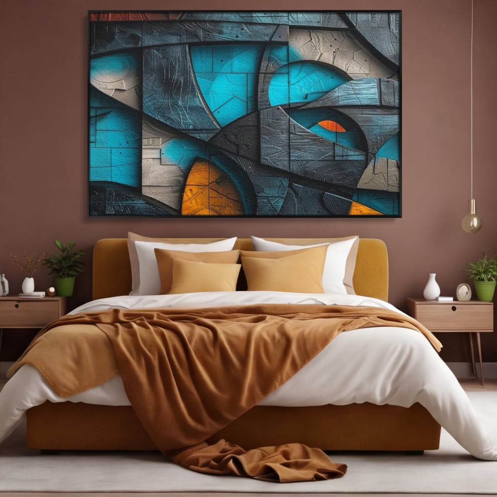 Tablou canvas cu tablou abstract cu forme geometrice din lemn, in rama de aluminiu negru, pe perete intr-un dormitor